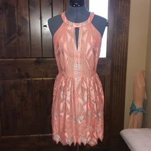 Embroidered Coral Halter Mini Dress